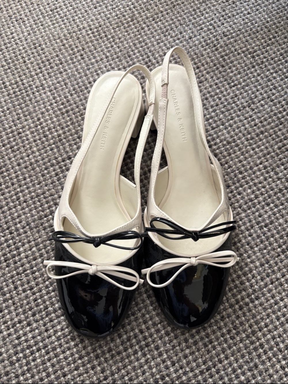 Charles & Keith Black Patent and Cream Slingback Flats with Bows